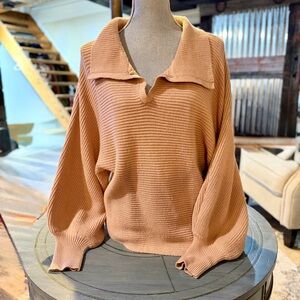 She + Sky V-Neck Sweater in Warm Tan
